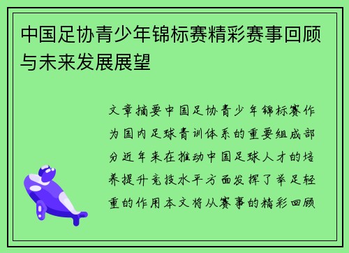 中国足协青少年锦标赛精彩赛事回顾与未来发展展望 中国足协青少年锦标赛精彩赛事回顾与未来发展展望