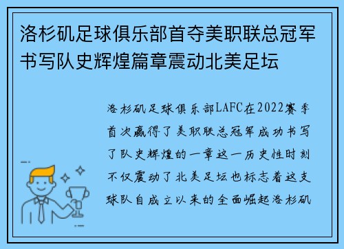洛杉矶足球俱乐部首夺美职联总冠军书写队史辉煌篇章震动北美足坛 洛杉矶足球俱乐部首夺美职联总冠军书写队史辉煌篇章震动北美足坛